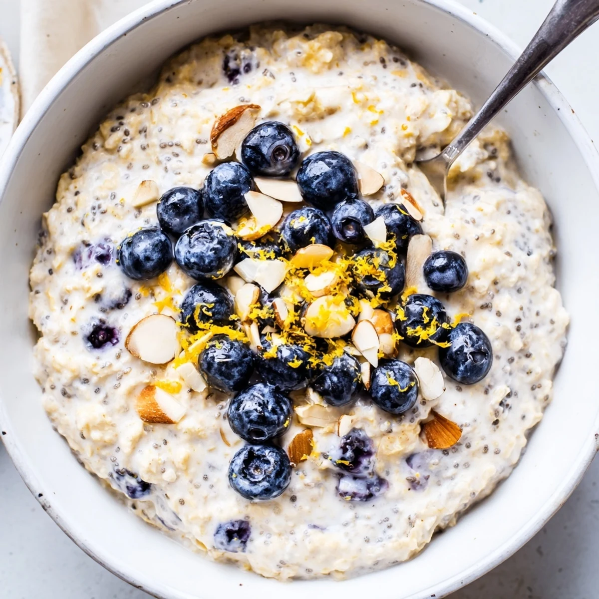 Chilled Blueberry Lemon Overnight Oats with tangy lemon zest and crunchy nuts