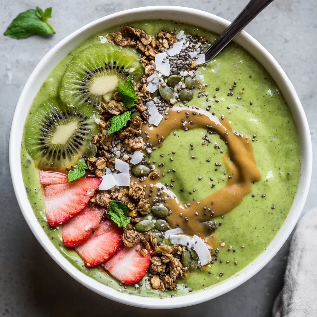 Green Smoothie Bowls served in shallow bowls, garnished with sliced kiwi and mint