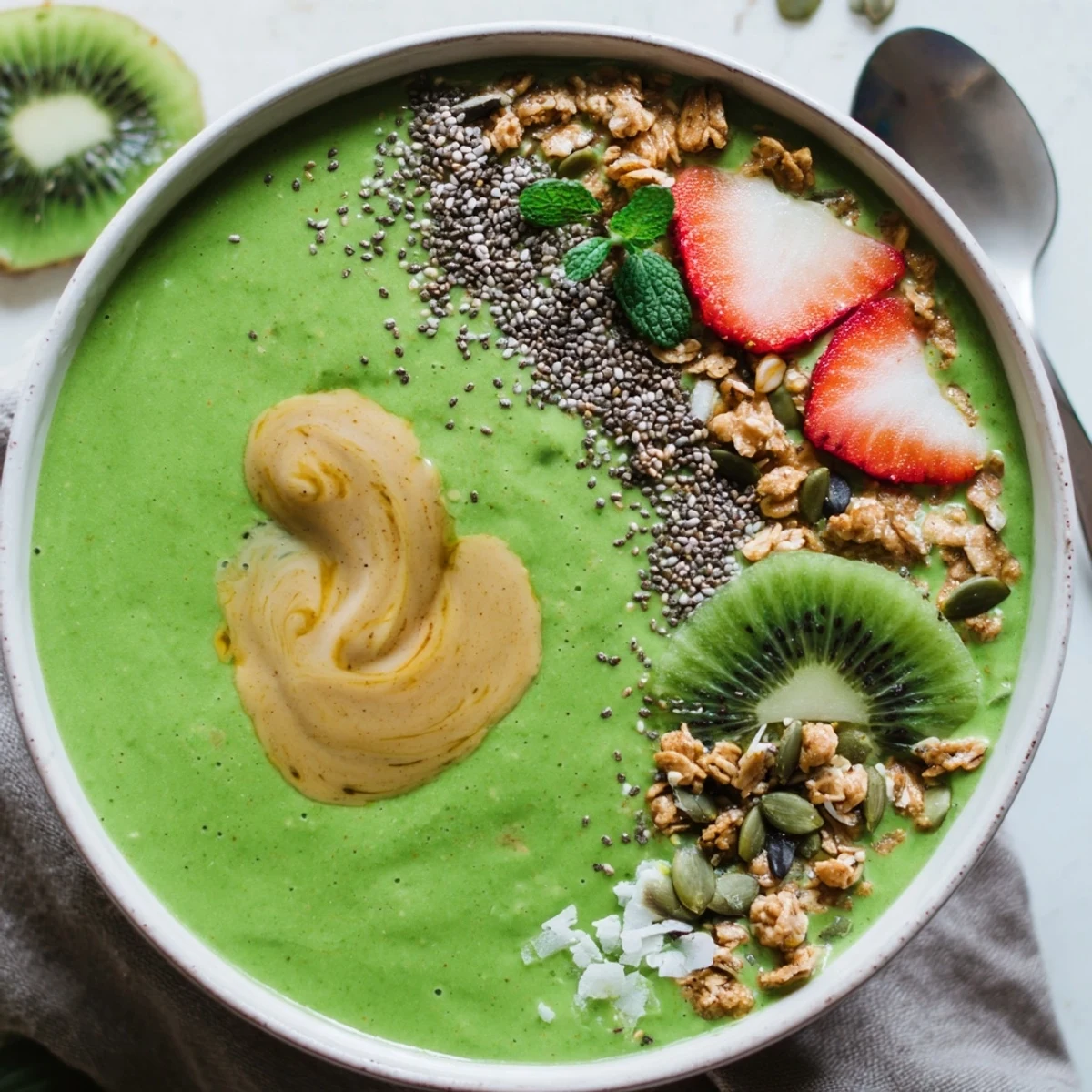 Green Smoothie Bowls with creamy mango banana base, topped with crunchy granola