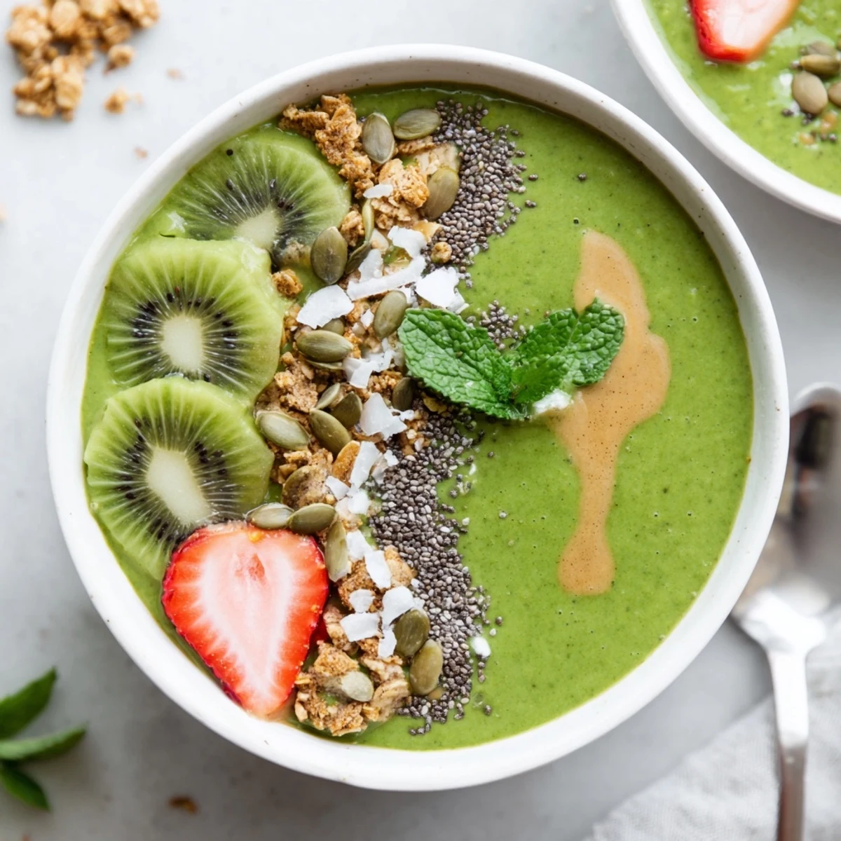 Green Smoothie Bowls chilled, bright green, spoon ready breakfast with coconut flakes and seeds