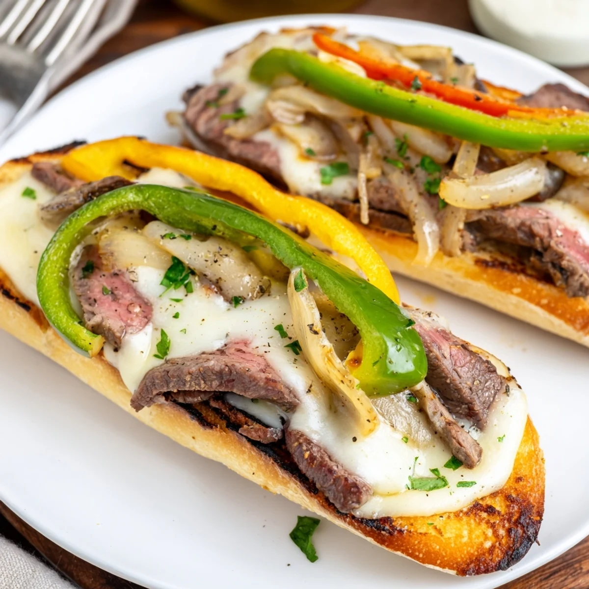 Sizzling ribeye and peppers crown Philly Cheesesteak Garlic Bread, aromatic garlic butter