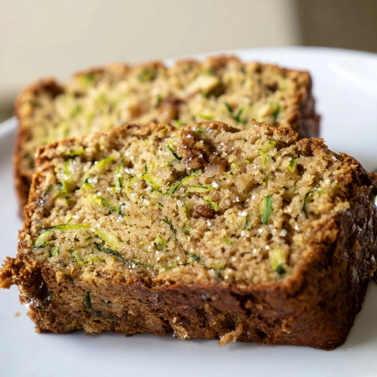 Zucchini Banana Bread loaf, golden crust and moist speckled interior, sliced.