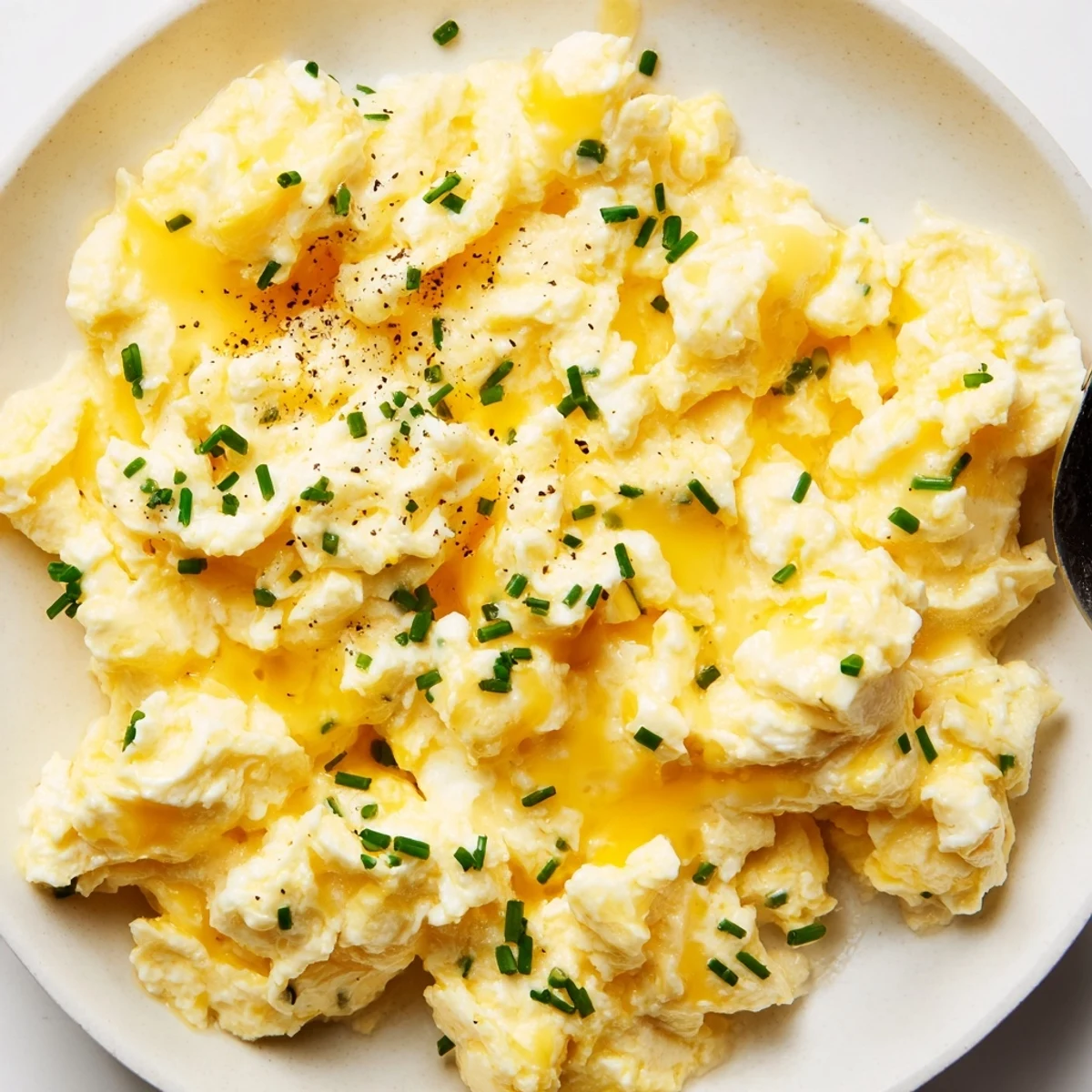 Warm Cottage Cheese Scrambled Eggs with Chives, speckled green, finished with butter