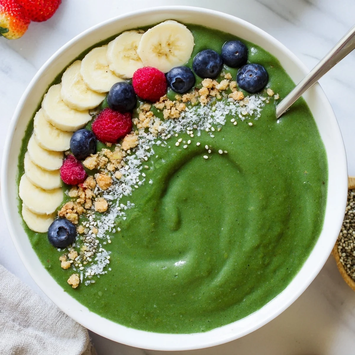 Chilled, thick Green Smoothie Bowl with Spirulina, Banana & Hemp Seeds, spoon-ready