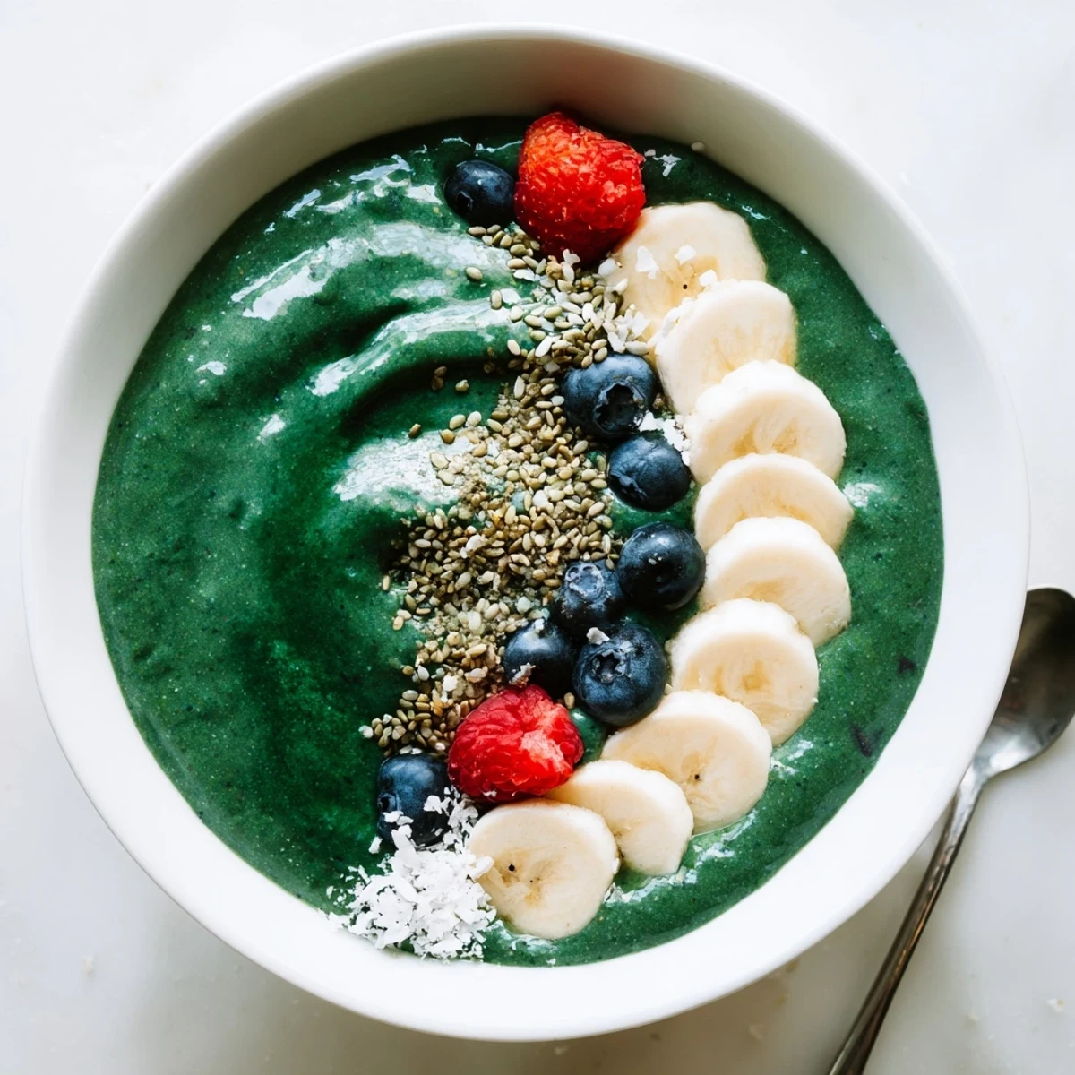 Green Smoothie Bowl with Spirulina, Banana & Hemp Seeds, sliced banana, coconut flakes