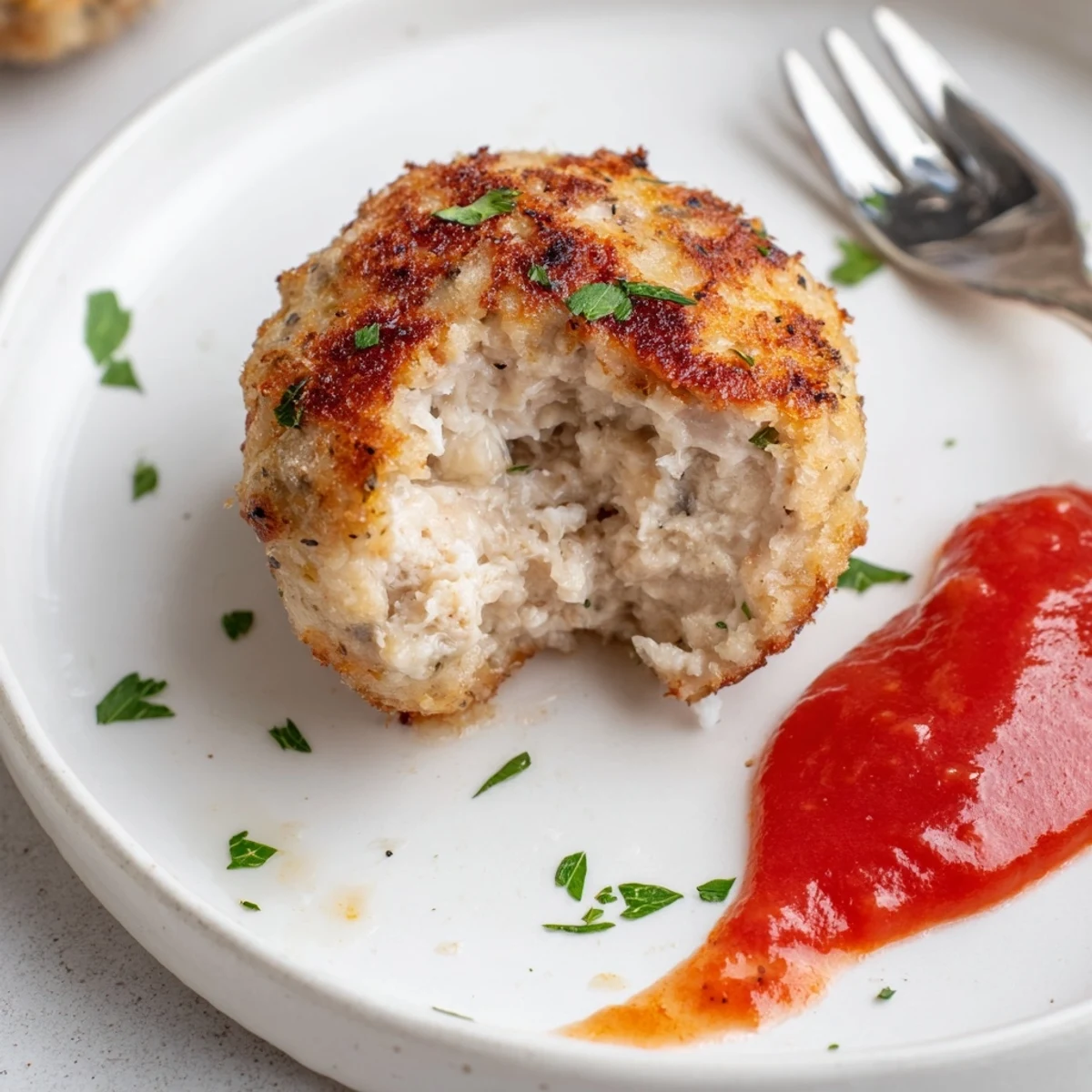 Juicy Chicken Meatballs glistening with herbs, browned skillet, ready for pasta