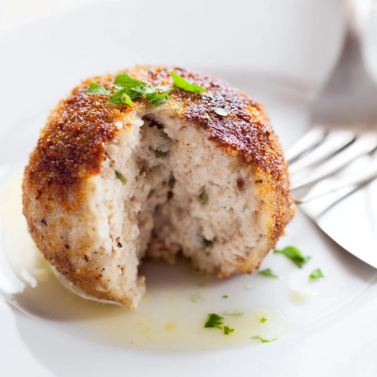 Stack of Juicy Chicken Meatballs, tender interior, served with marinara dipping sauce