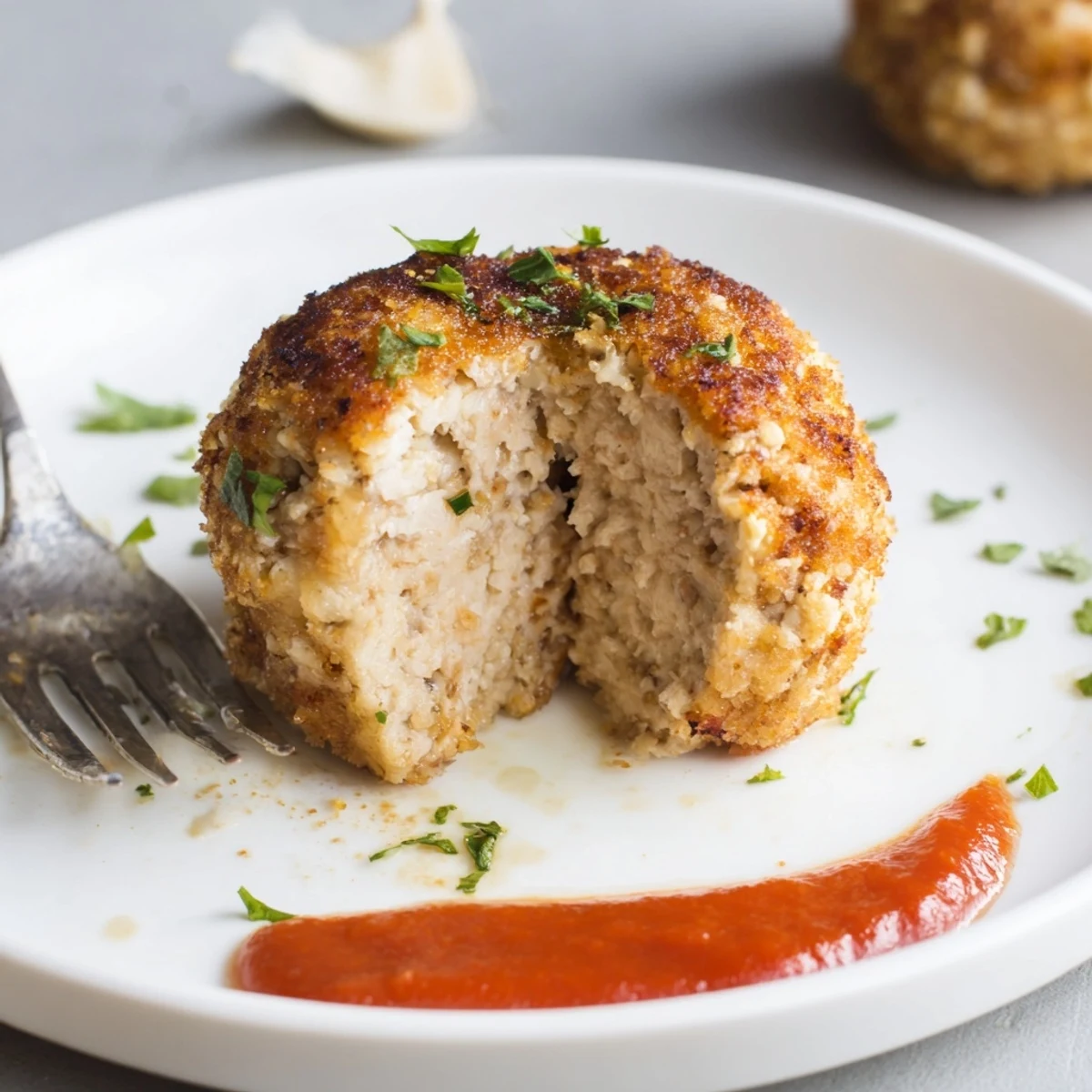 Pan-seared Juicy Chicken Meatballs resting on fresh parsley, perfect appetizer plate
