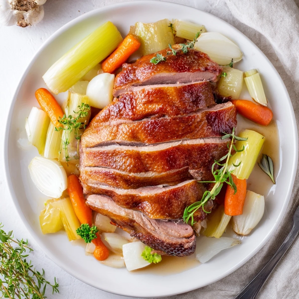 Crispy Braised Duck With Savory Vegetables resting on braised roots, glossy pan juices