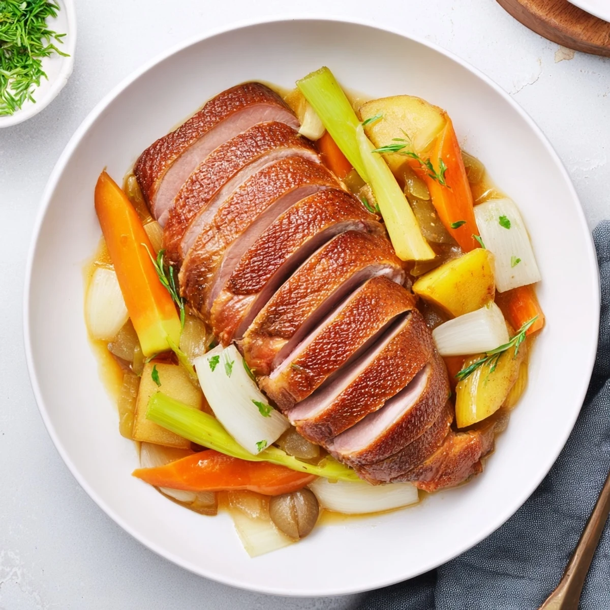 Sliced Crispy Braised Duck With Savory Vegetables served with fresh parsley and warm jus