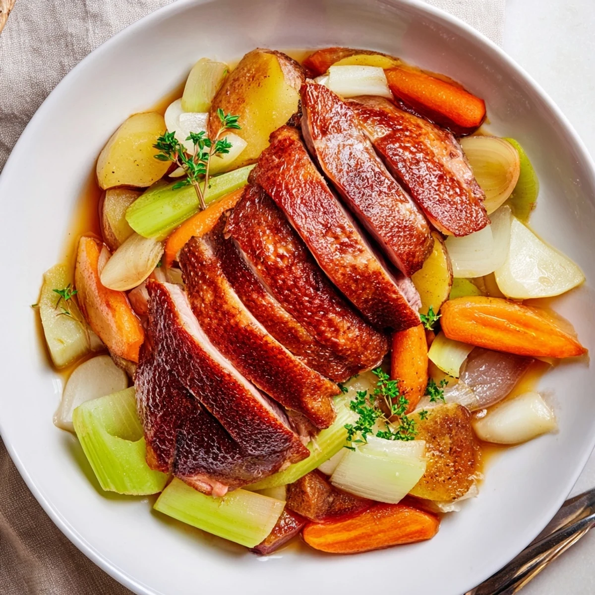 Oven roasted Crispy Braised Duck With Savory Vegetables, golden skin and tender meat