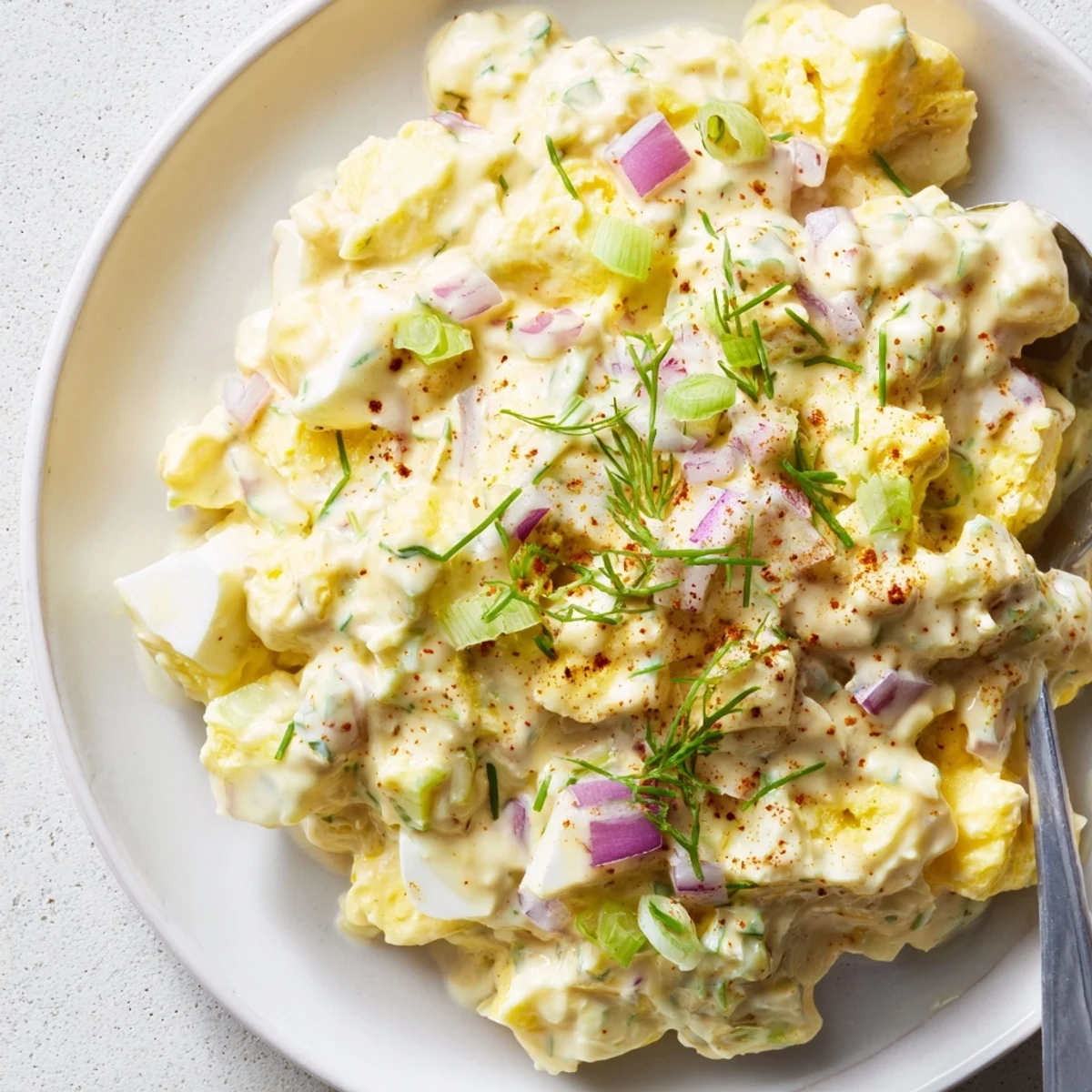 Chilled Classic Egg Salad Recipe spooned onto toasted sourdough for picnic sandwiches