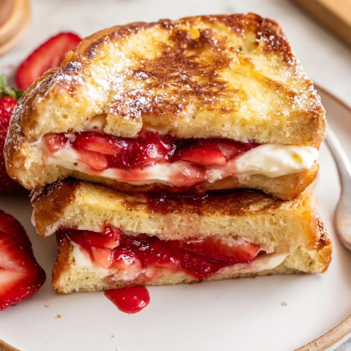 Cream Cheese Stuffed French Toast With Strawberry Drizzle, warm golden slices and melting cream