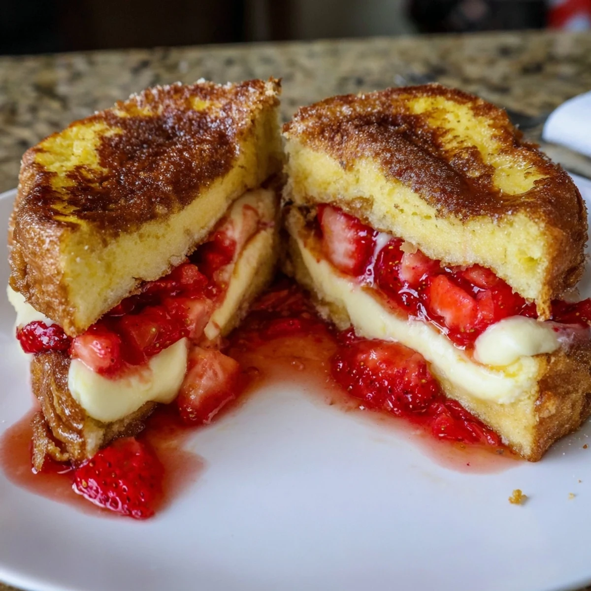 Cream Cheese Stuffed French Toast With Strawberry Drizzle, golden edges glistening, warm syrup pooling
