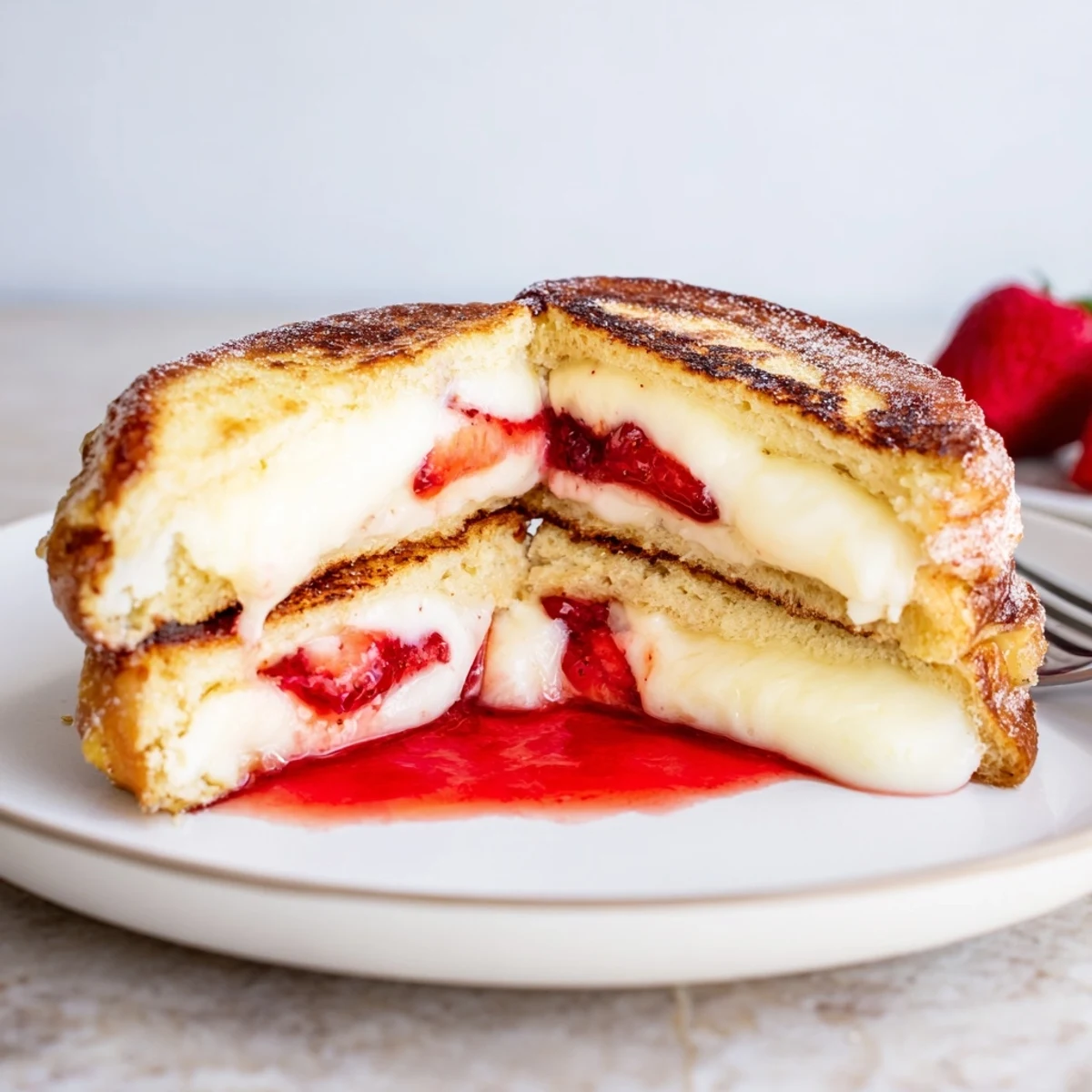 Cream Cheese Stuffed French Toast With Strawberry Drizzle, sliced and served with whipped cream
