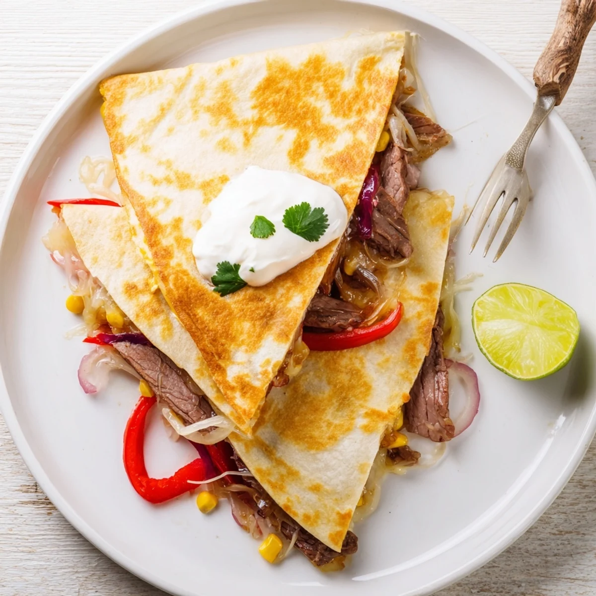 Crisp flour tortillas hugging Sweet Savory Beef Quesadillas, bright cilantro and lime