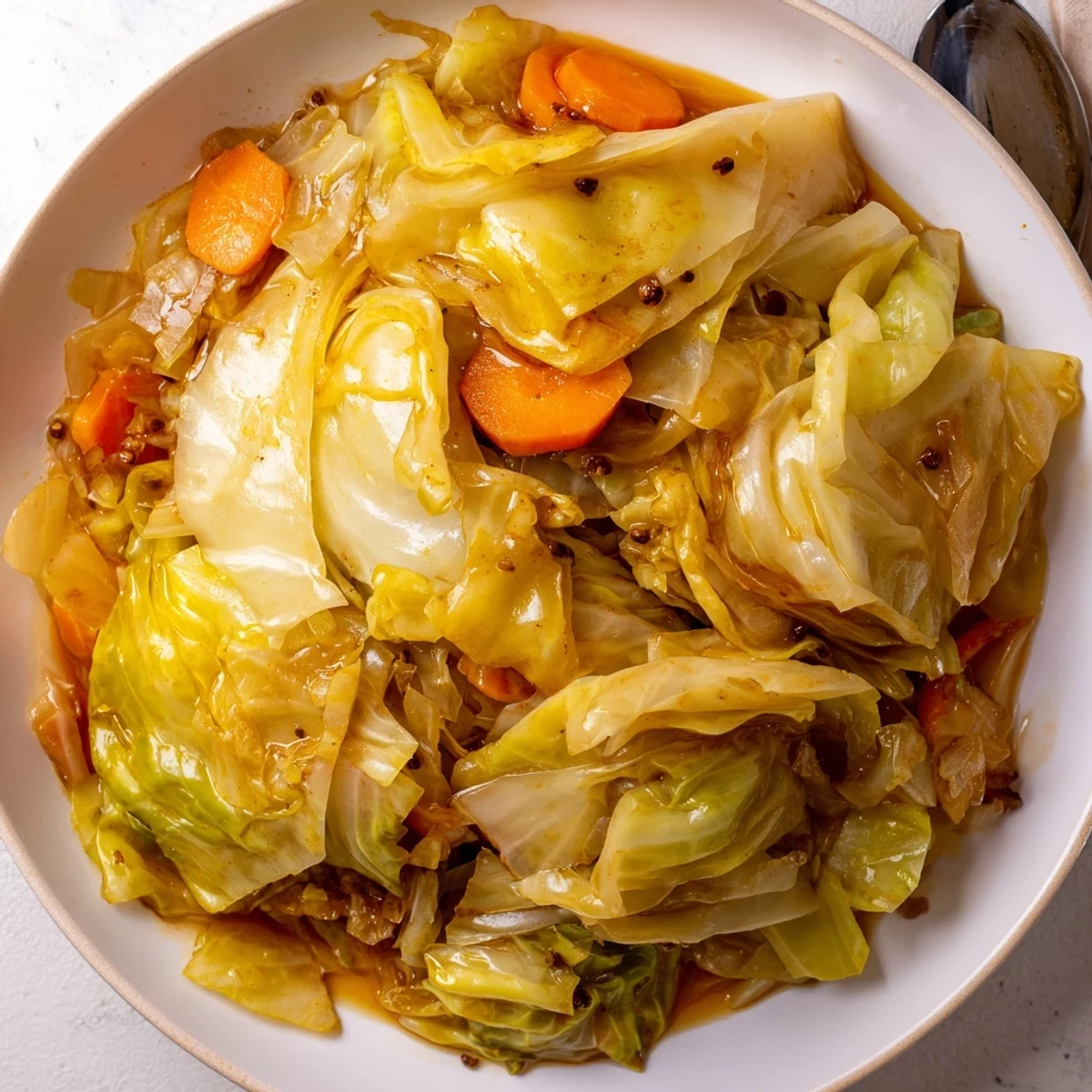 Savory Braised Cabbage Recipe in a Dutch oven, tender, aromatic, lightly smoky