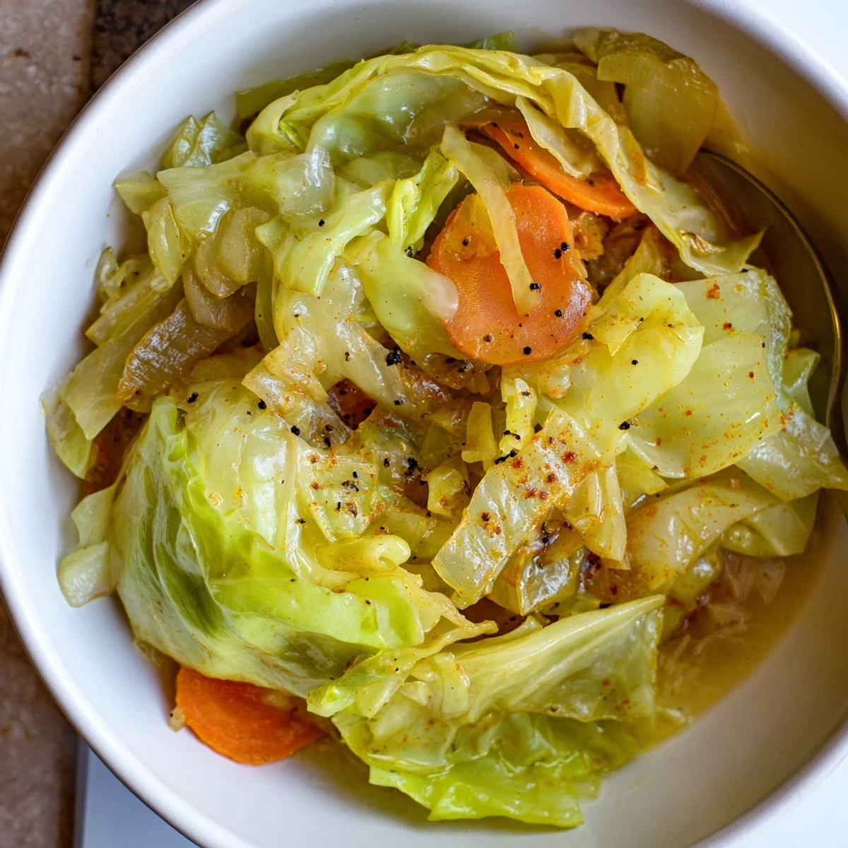 Savory Braised Cabbage Recipe showing soft, glossy ribbons served alongside roasted sausage