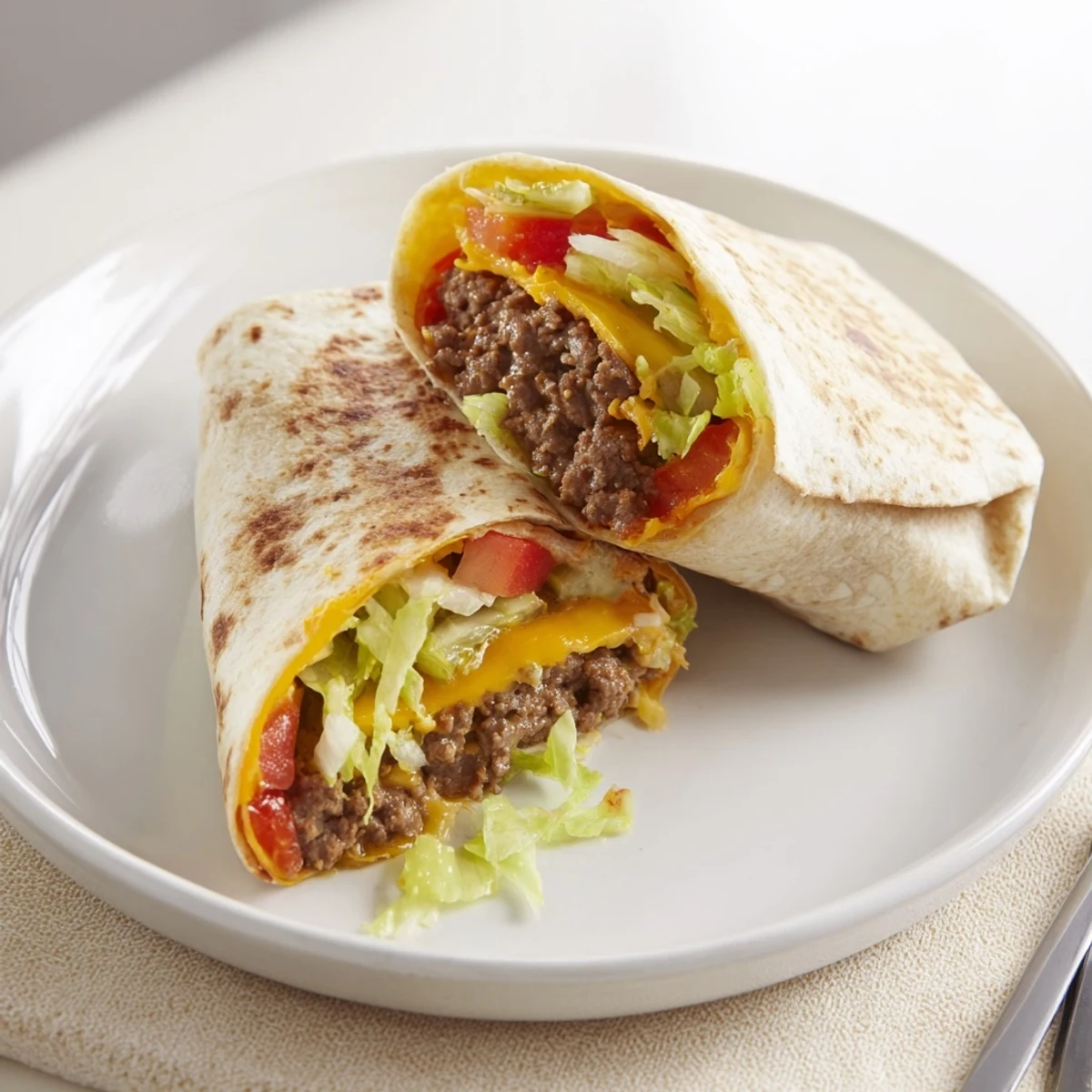 Skillet-toasted Cheeseburger Wrap Recipe showing melty cheddar, juicy beef, crisp lettuce.