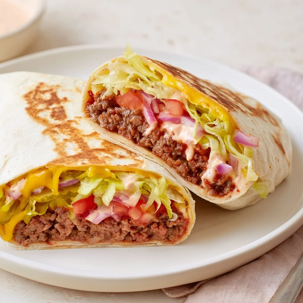 Close-up Cheeseburger Wrap Recipe halved, warm tortilla hugging savory beef and pickles.