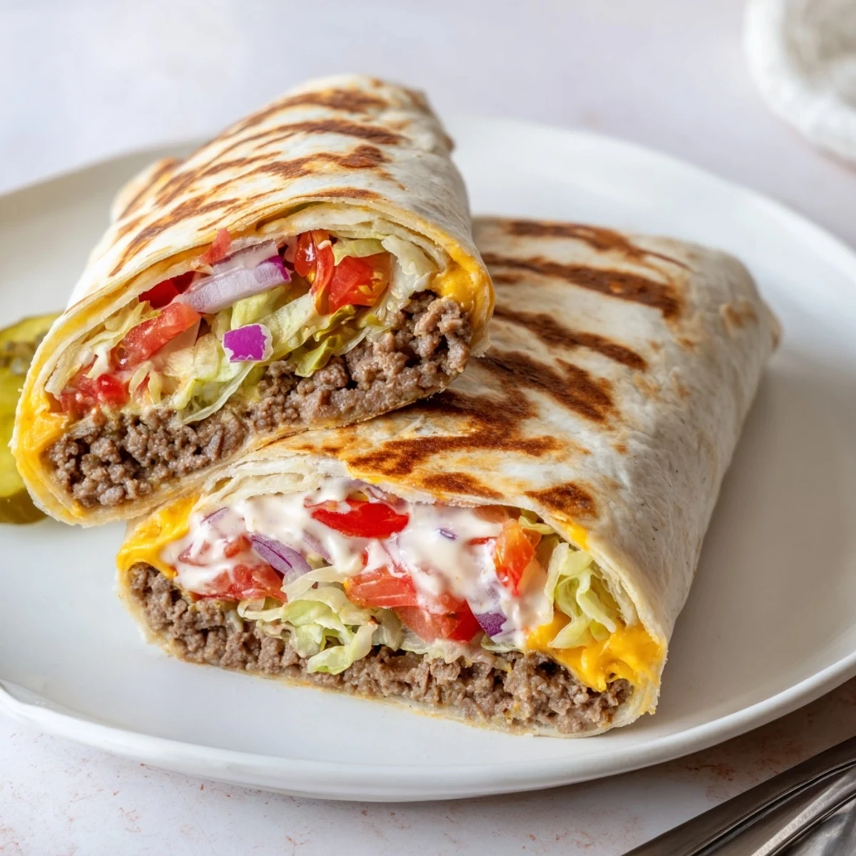Family-style Cheeseburger Wrap Recipe plated with ketchup drizzle, tomato, crisp iceberg lettuce.