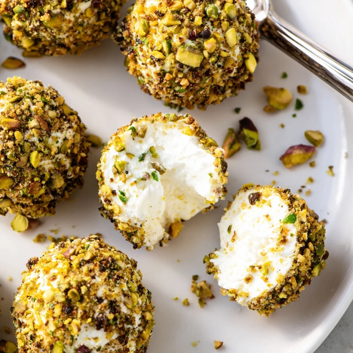 Savory Pistachio Crusted Cheese Bites on a wooden platter, creamy centers