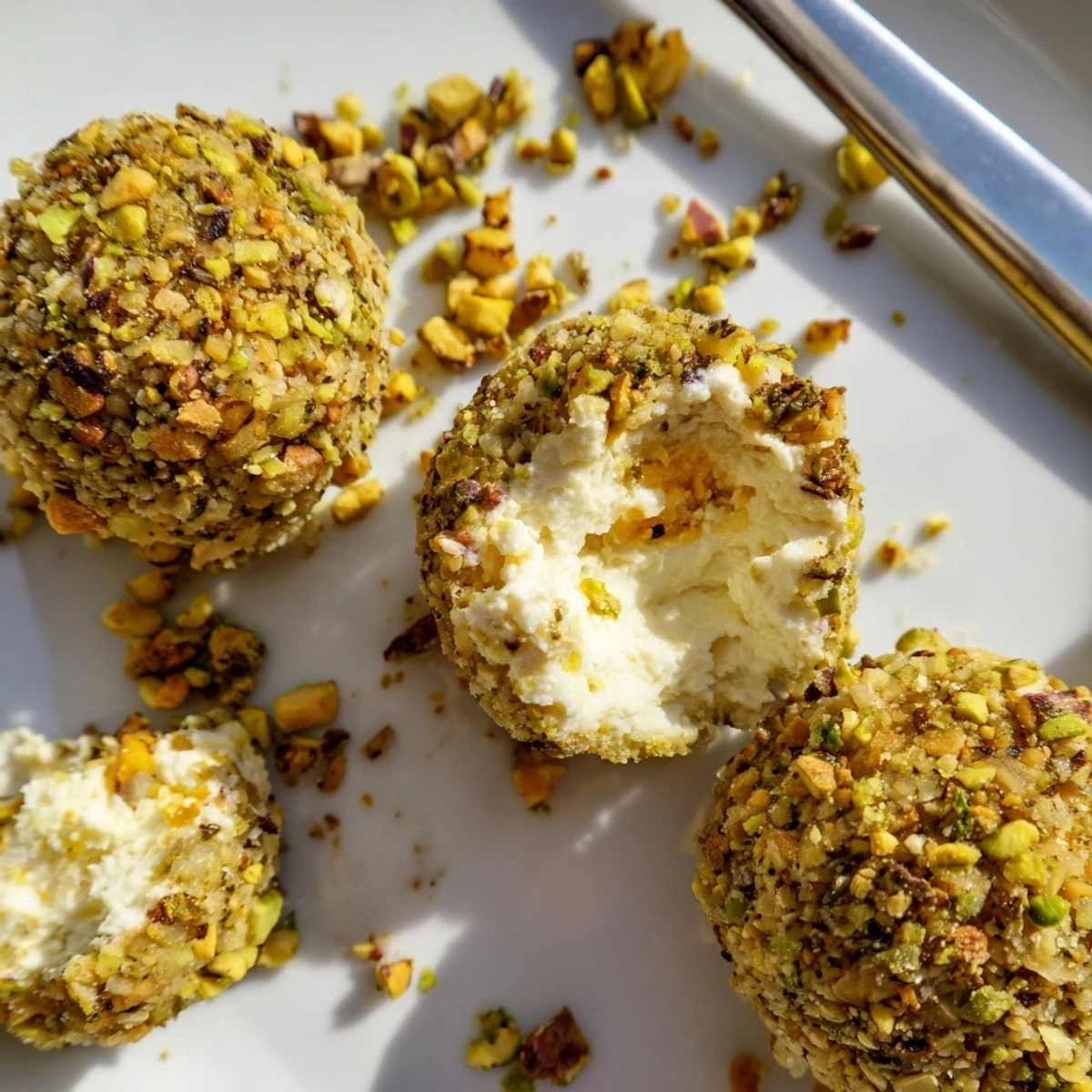Nutty Savory Pistachio Crusted Cheese Bites garnished with chives and lemon