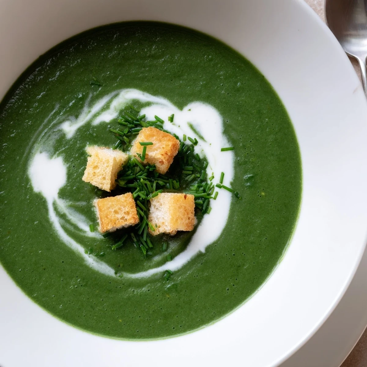 Creamy Spinach Soup steaming in bowl, garnished with cream and chives.