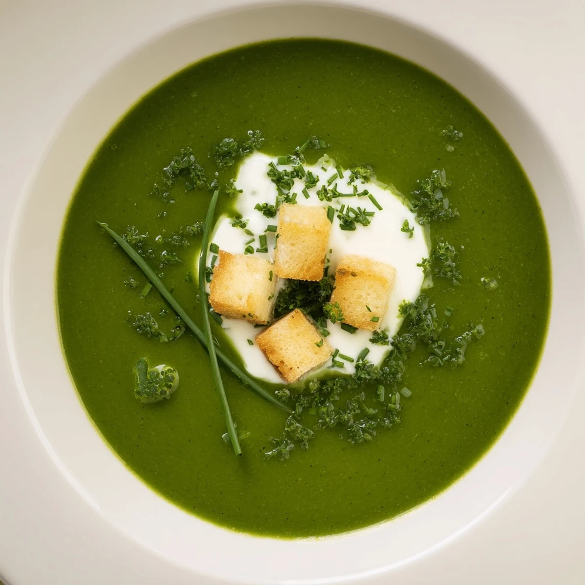 Bright green Spinach Soup glistening, served with crunchy croutons and bread.