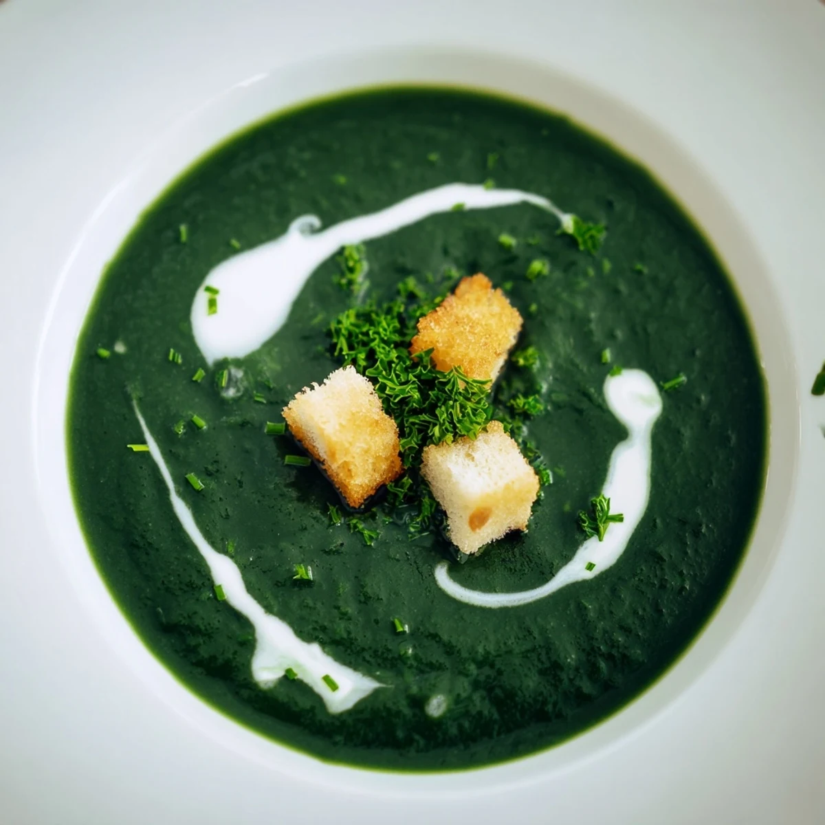 Blended Spinach Soup in saucepan, warm nutmeg scented steam rising.