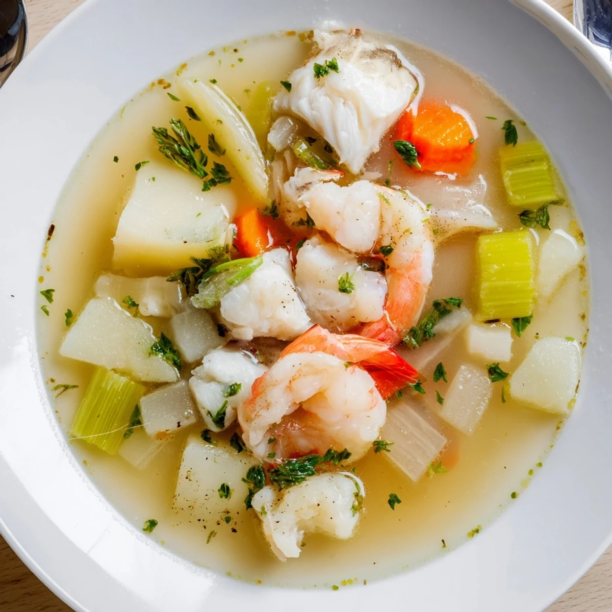 Fish Soup steaming in a bowl with parsley garnish and lemon wedges