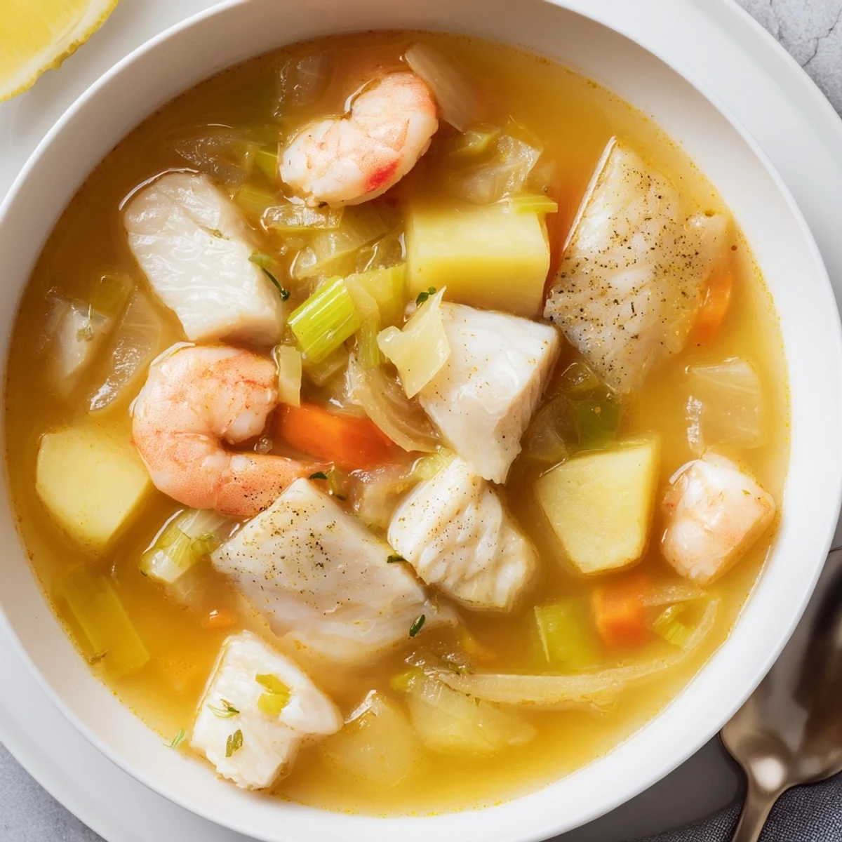Hearty Fish Soup filled with flaky cod, potatoes, aroma of thyme