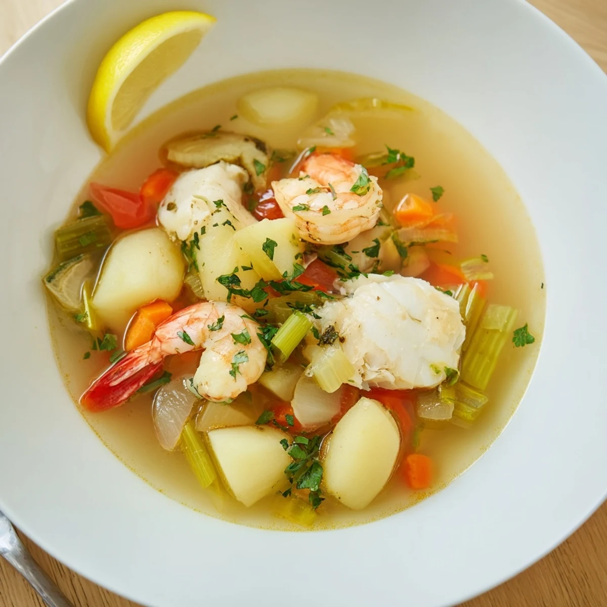 Warm bowl of Fish Soup with savory broth, parsley, crusty bread