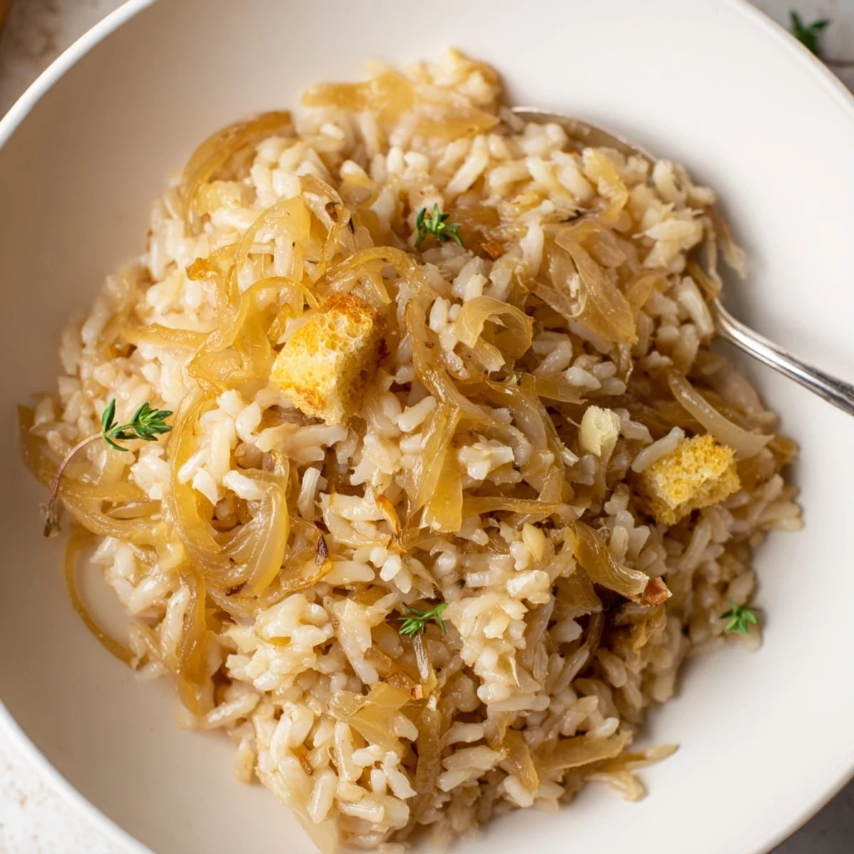 French Onion Soup Rice bubbling with melty Gruyère, caramelized onions, steaming casserole.