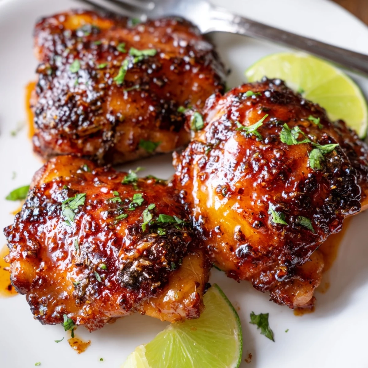 Chipotle Honey Chicken Thighs With Smoked Gouda glazed, golden skin, steaming on platter.
