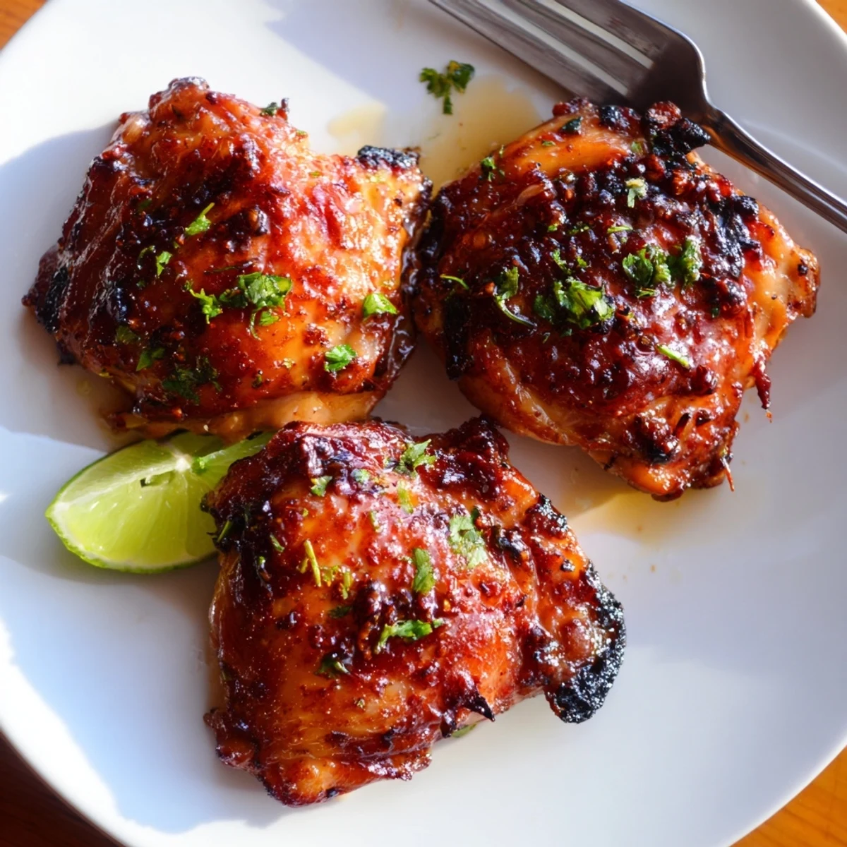 Plated Chipotle Honey Chicken Thighs With Smoked Gouda, melty cheese, zesty lime wedges.