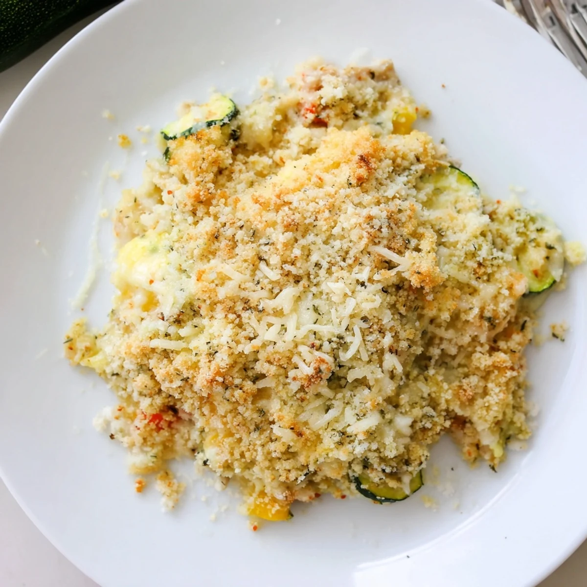 Family Friendly Chicken Zucchini Bake bubbling golden, cheesy crust, tender chicken inside.