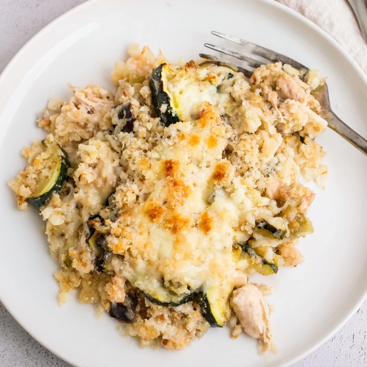 Warm Family Friendly Chicken Zucchini Bake with zucchini ribbons and savory Parmesan aroma.