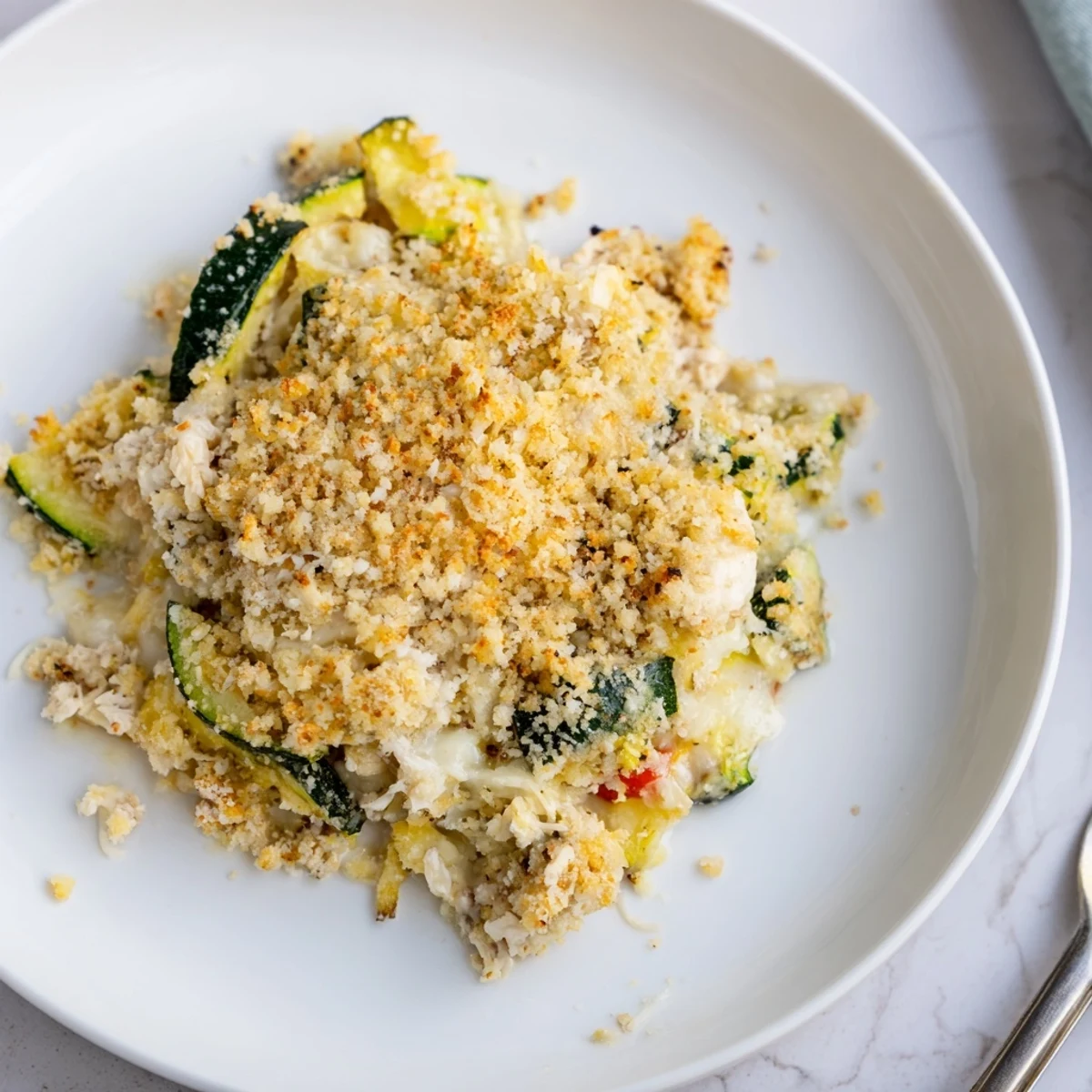 Sliced Family Friendly Chicken Zucchini Bake served with crisp green salad, creamy cheese.