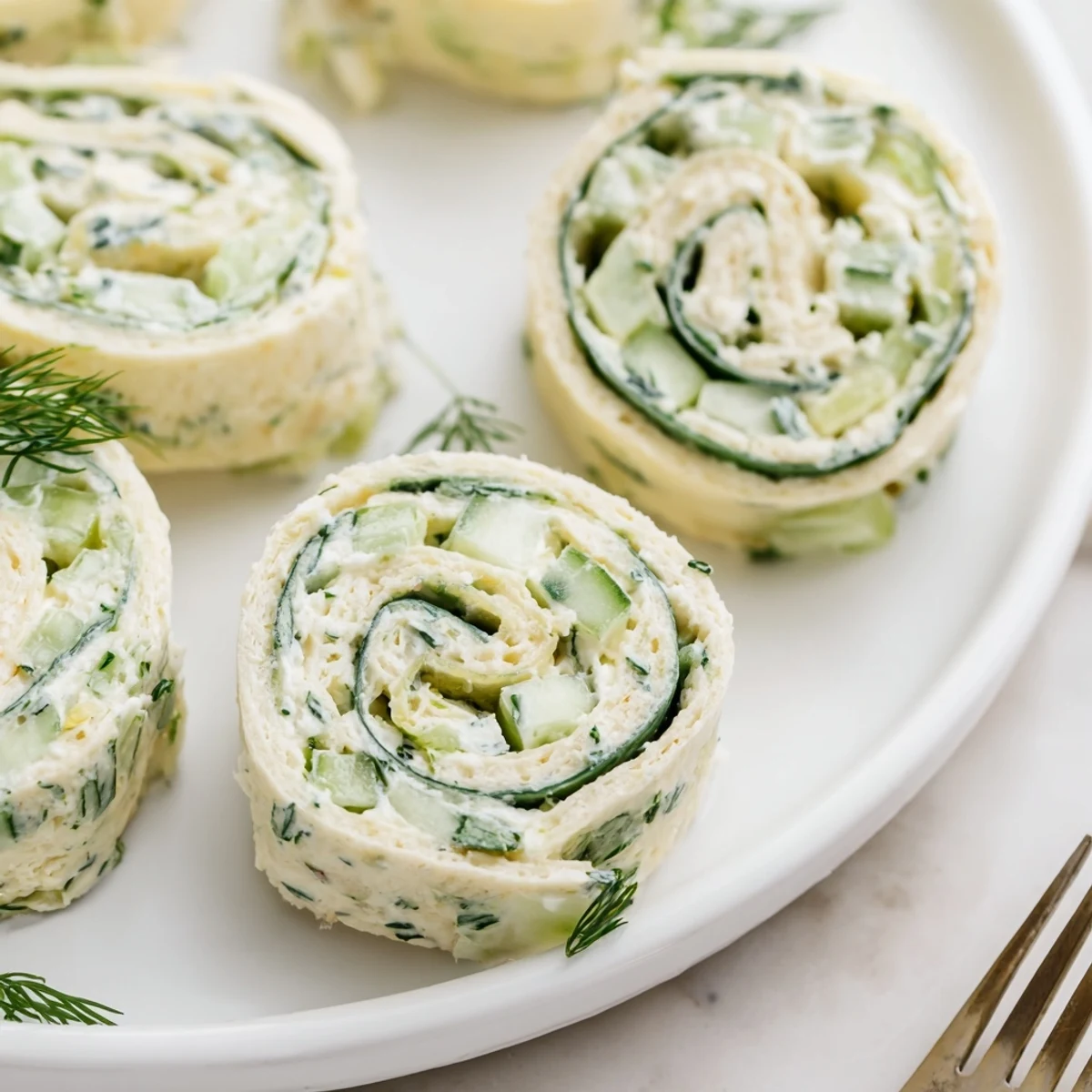A close-up of Cucumber And Dill Pinwheels showing creamy filling, crisp cucumber.