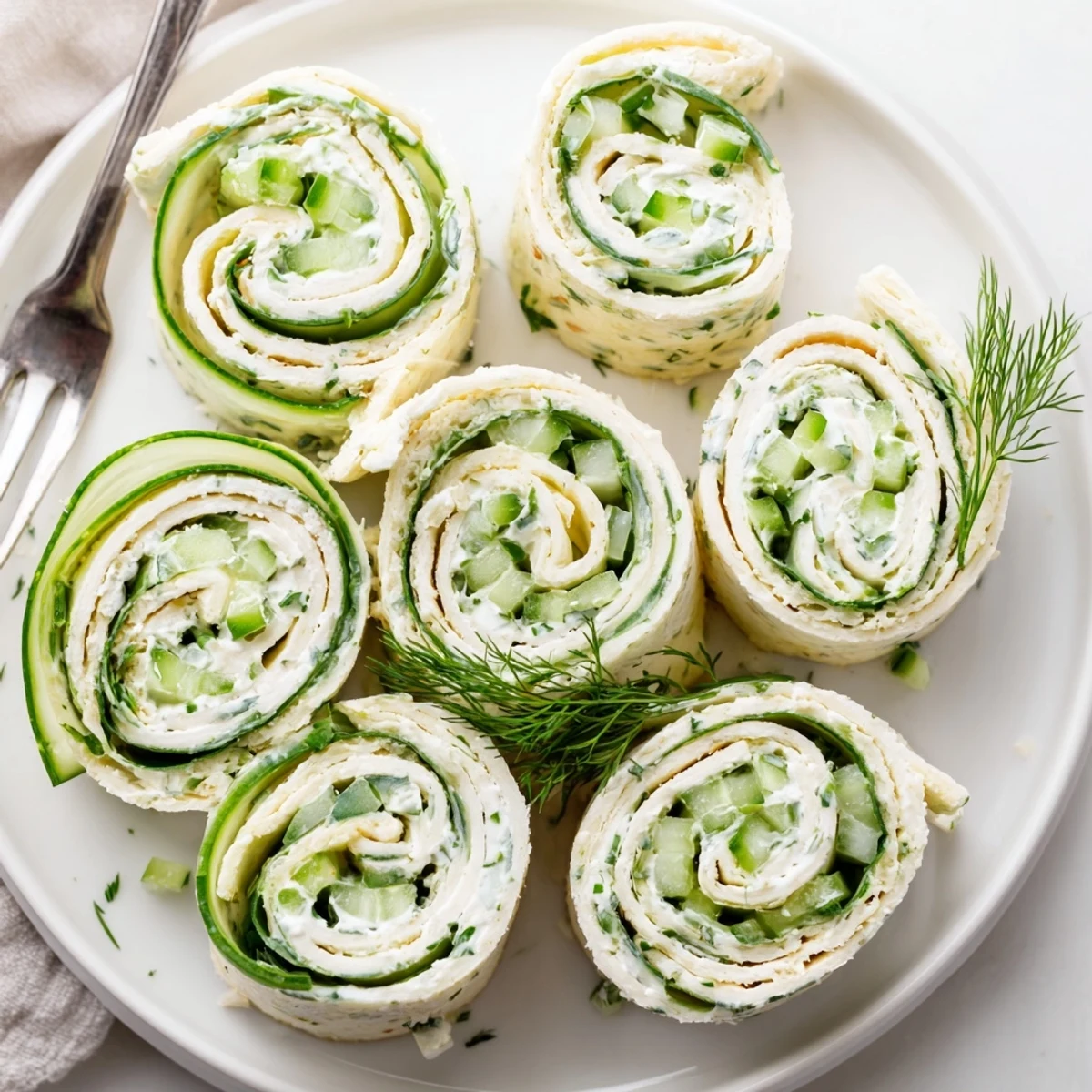 Soft-tortilla Cucumber And Dill Pinwheels with tangy cream cheese, crisp cucumber bites.