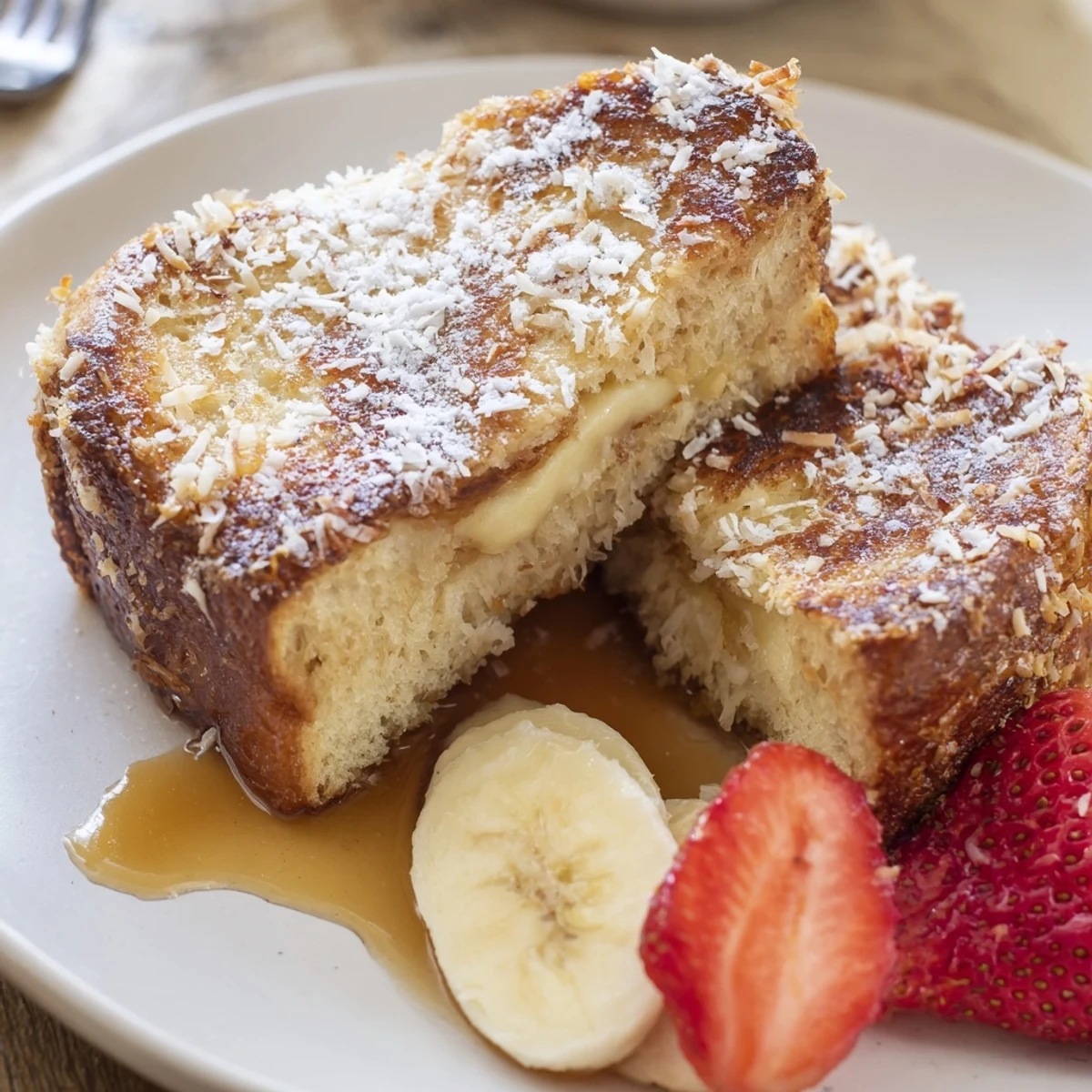 Coconut Crusted French Toast sizzling golden, crispy edges, served with maple syrup