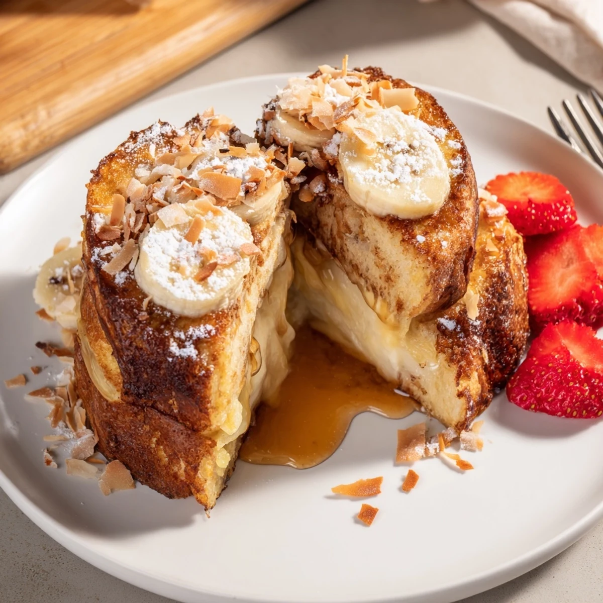 Thick Coconut Crusted French Toast slices with custardy center, berries and powdered sugar