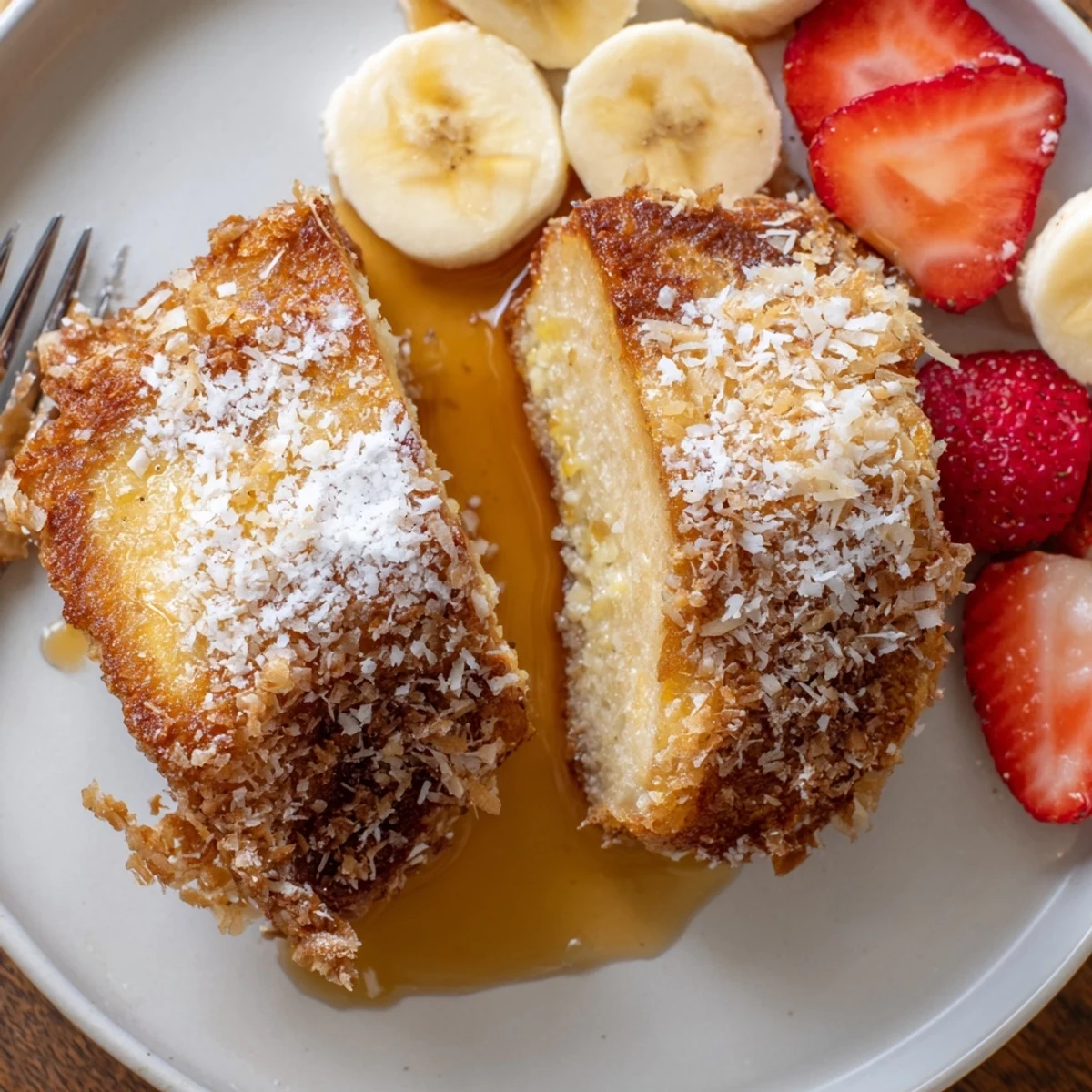 Warm Coconut Crusted French Toast topped with banana slices, tropical coconut crunch