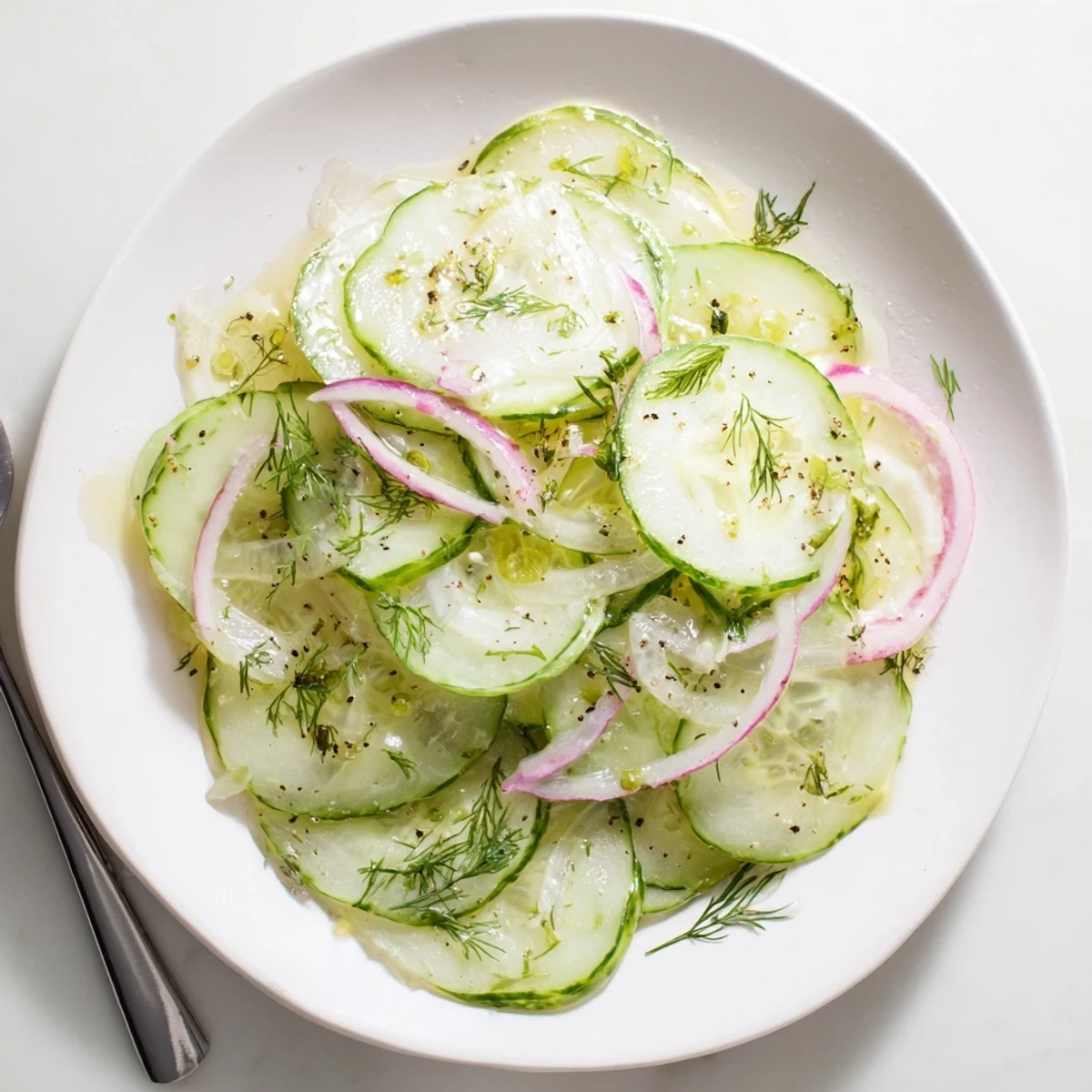 Herbed Cucumber Salad served chilled alongside grilled chicken, thin red onion ribbons