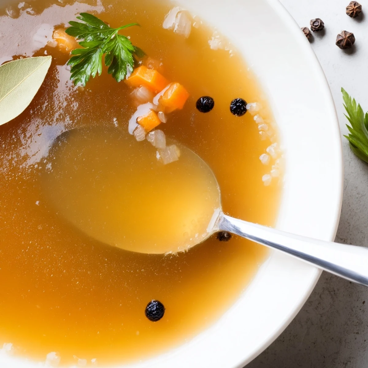 Golden Beef Bone Broth steaming in a bowl, roasted bones and herbs
