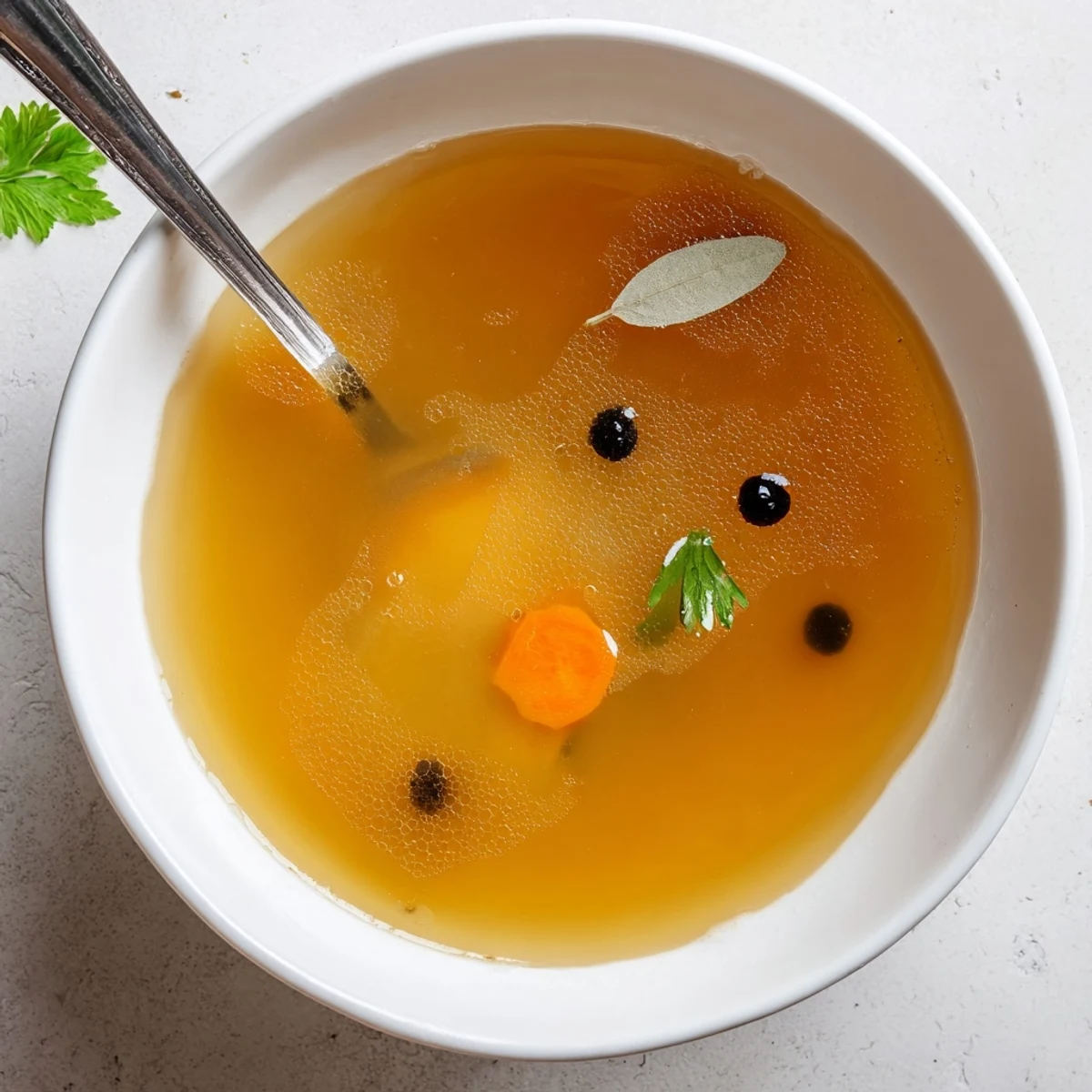 Homemade Beef Bone Broth cup beside toasted bread, glistening golden fat