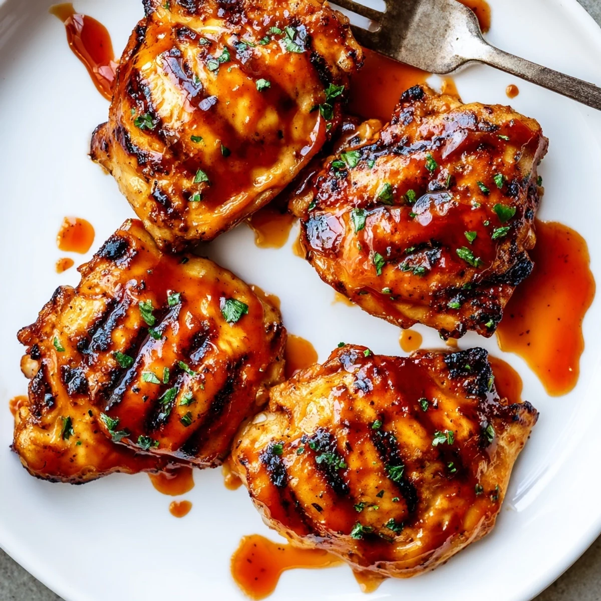 Smoky Grilled Honey Buffalo Chicken Thighs glazed, juicy meat served with celery.