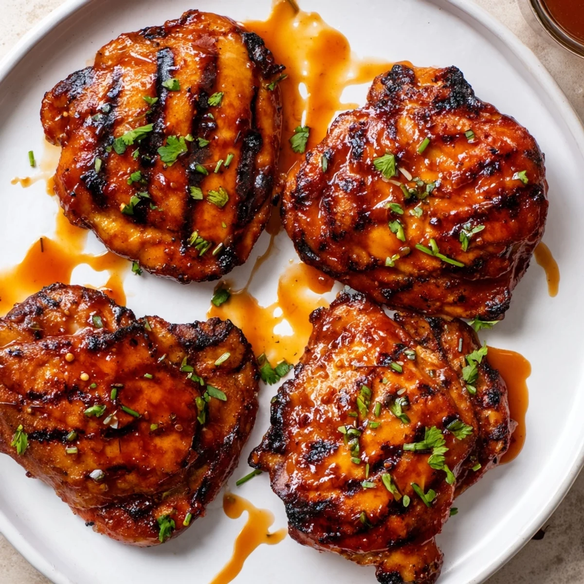 Grilled Honey Buffalo Chicken Thighs sizzling on grill, sticky glaze, charred edges.