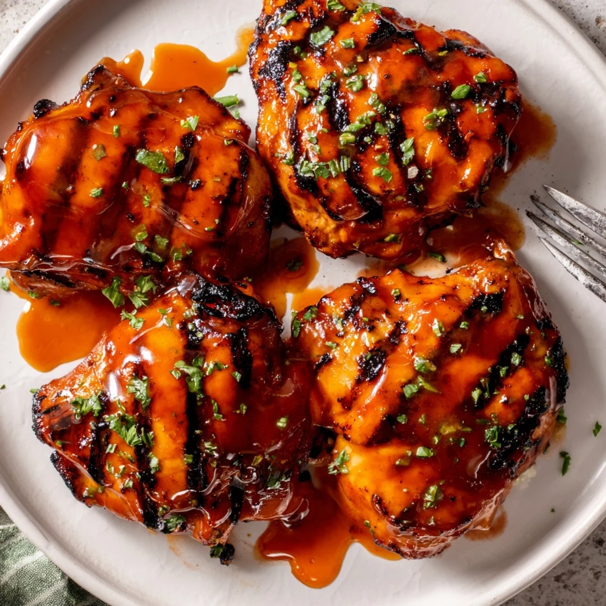 Family-style Grilled Honey Buffalo Chicken Thighs charred, sweet-heat, drizzled with extra sauce.
